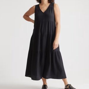 Quince 100% Organic Cotton Gauze Tiered Maxi Dress Black Small